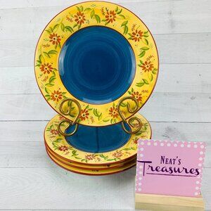 Inspirado IDC Hand Painted Stonelite Blue Yellow Lunch Salad Plate Set of Four